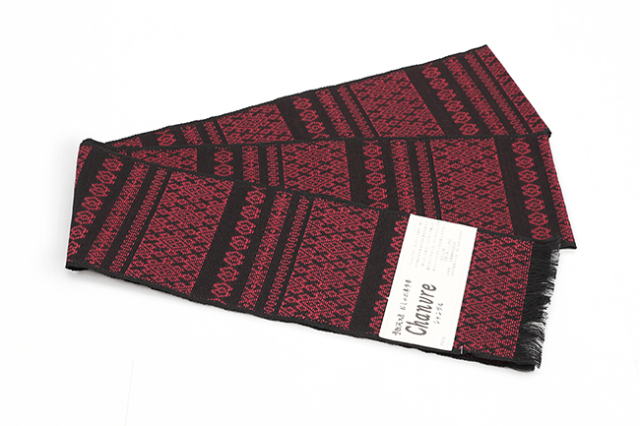 米沢織 近賢織物 半幅帯 シャンヴル 麻帯 こぎん文様 菱 黒×赤