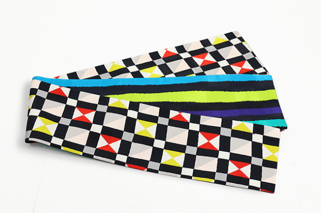 京都 青野工房 半幅帯 正絹 ハイブリッド染め 格子柄 カラフルライン 1126