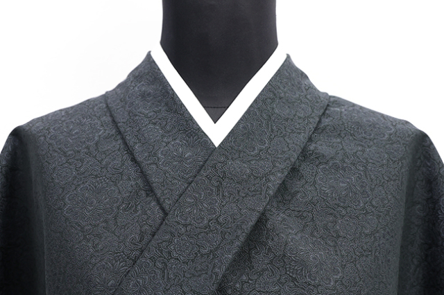 ワタマサ 洗える正絹 【お召し】 千八三重織 広幅 アラベスク花紋 黒