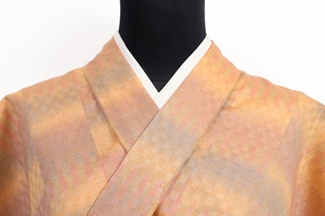 正絹 着物 紬  格子 橙