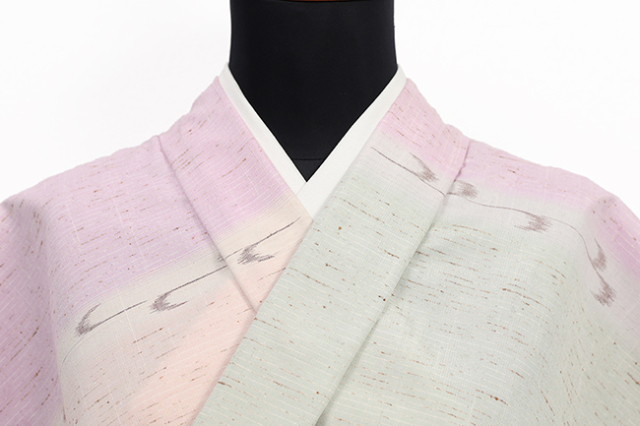 伝統的工芸品 正絹 着物 長井紬 ぜんまい飛白  縞  ピンク×薄緑×紫