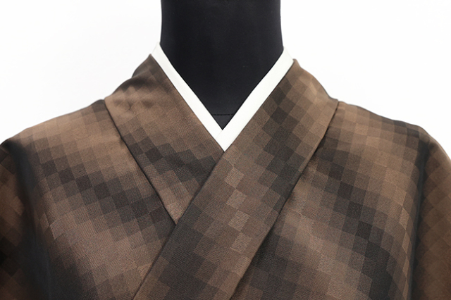 正絹 男物 お召し 広幅 格子モザイク 焦茶