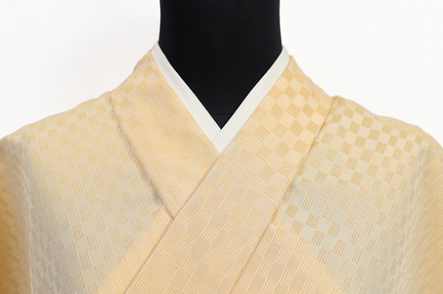 正絹 お召し 彩市松 薄黄色