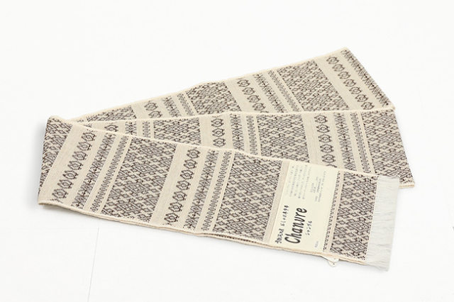 米沢織 近賢織物 半幅帯 シャンヴル 麻帯 刺し子 ベージュ×茶