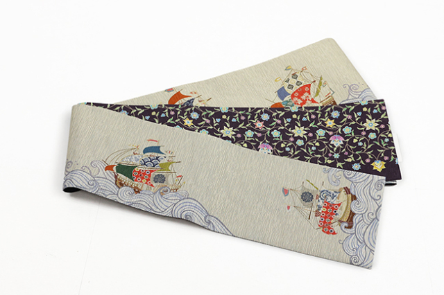 召しませ花 正絹 半幅帯 リバーシブル 南蛮戦 更紗 ベージュ×濃紫