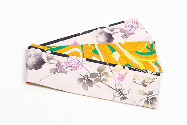 京都 青野工房 半幅帯 正絹 ハイブリッド染め  ピンク花 レトロオレンジ 1118