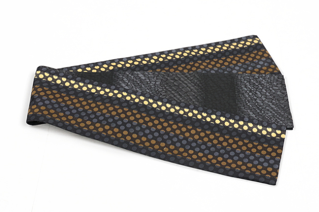 京都 青野工房 半幅帯 正絹 ハイブリッド染め  ストライプドット茶クリーム  クロコ  1149