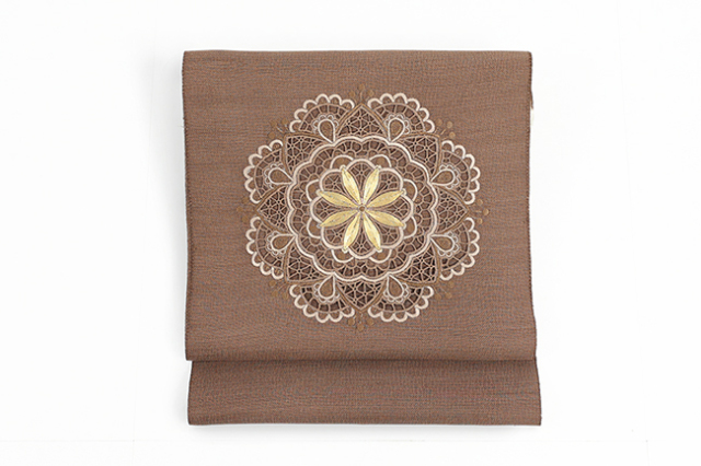 正絹 九寸名古屋帯 カットワークレース 刺繍 茶