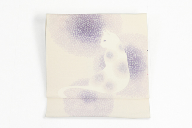 伝統的工芸品 正絹 九寸名古屋帯 東京手描き友禅 白い猫