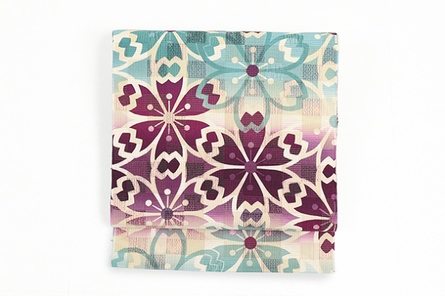 小室庵 正絹 九寸名古屋帯 桜シルエット 紫×青緑