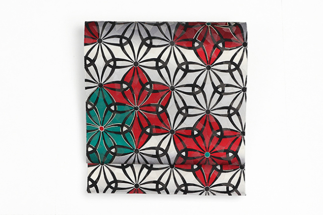 小室庵 正絹 九寸名古屋帯 手まり七宝 灰×緑×赤