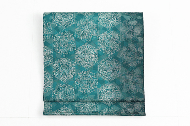 小室庵 正絹 九寸名古屋帯 六角紋 青緑