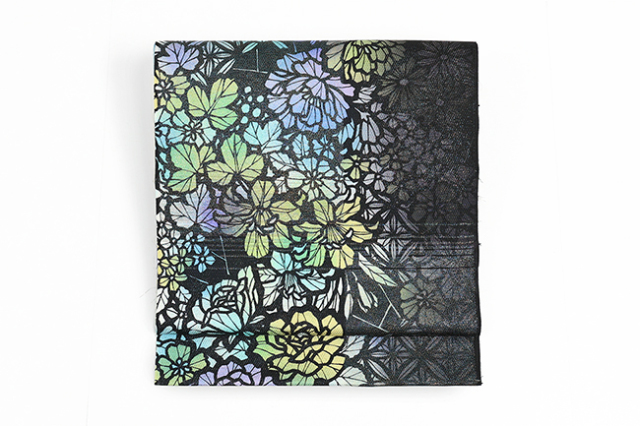 小室庵 正絹 九寸名古屋帯 ステンドグラス 青系