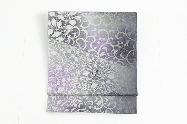 あづまやオリジナル 小室庵 黒木織物 正絹 九寸名古屋帯 裂取り更紗 灰色×紫