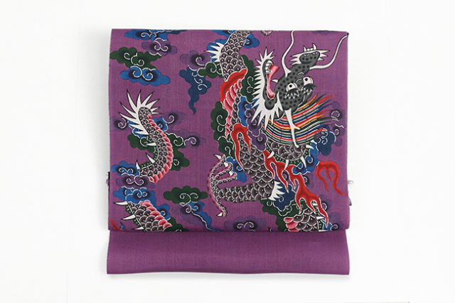 正絹 九寸名古屋帯 生紬 紅型 本場琉球 紅型染め 龍 紫