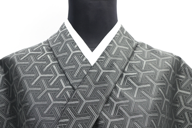 小室庵 正絹 お召し 小紋 広幅 男物 毘沙門亀甲 濃灰色