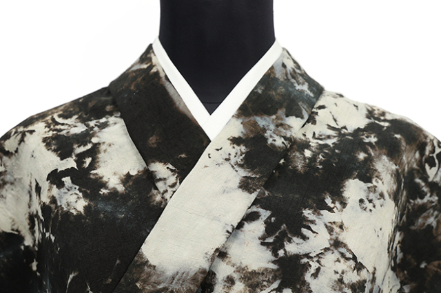 あづまやオリジナル 山勝染工 正絹 着物 結城紬 広幅 男物 ネビュラス 籠染め 焦茶×黒