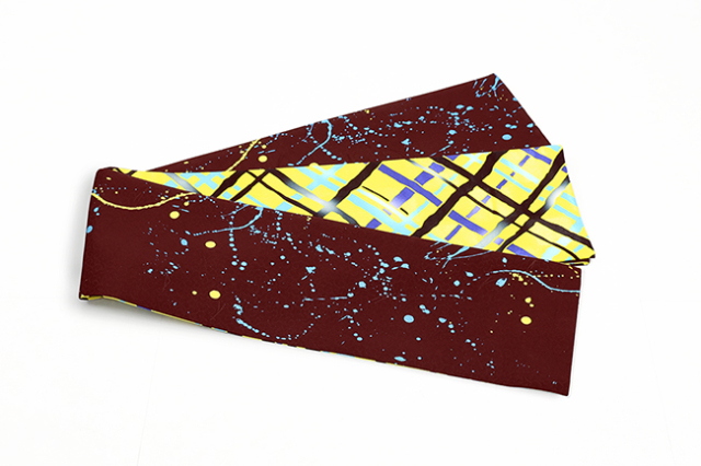 京都 青野工房 半幅帯 正絹 ハイブリッド染め  ローケツフブキ茶黄水色 イエロークロス  1167