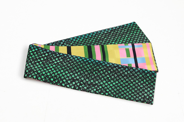 京都 青野工房 半幅帯 正絹 ハイブリッド染め  ドットクリムト緑 クロスロード 黄  1190