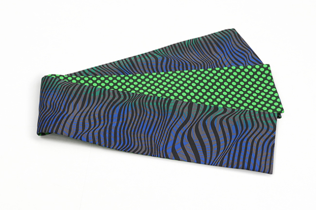 京都 青野工房 半幅帯 正絹 ハイブリッド染め グリーンドット 波グレー 1101