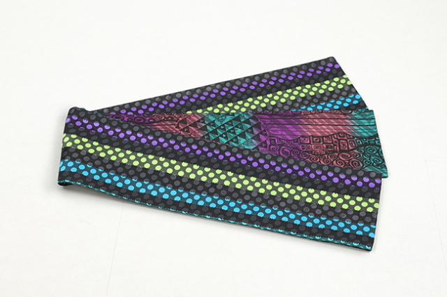 京都 青野工房 半幅帯 正絹 ハイブリッド染め  織青黄ドット クリムトピンク  1152