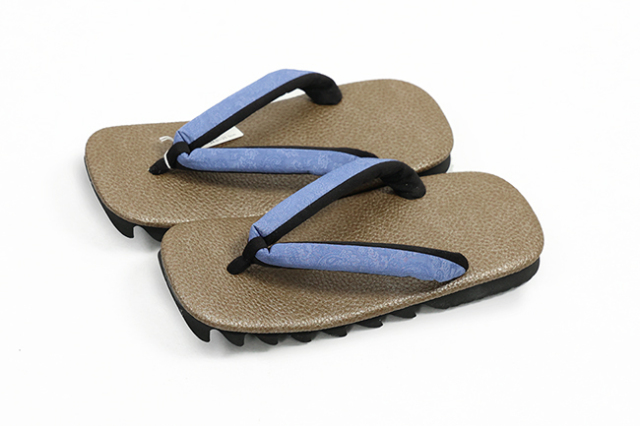 シャーク草履 男性用 薄茶合皮×青ペイズリー Lサイズ