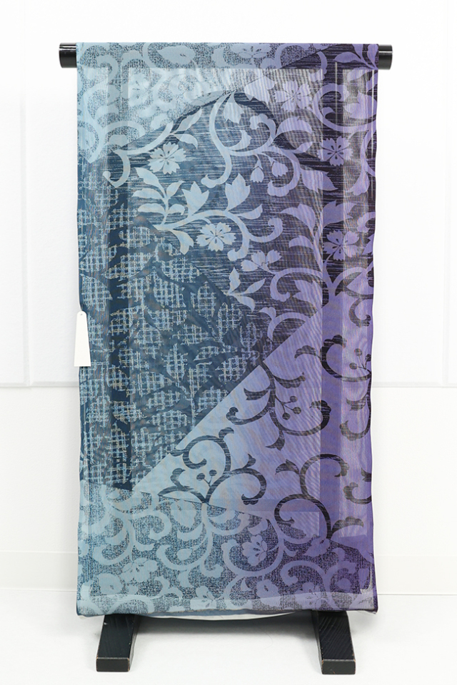 小室庵 正絹 夏着物 小紋 更紗 よろけぼかし 青紫