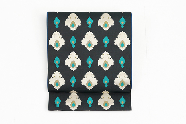 【価格はお問い合わせください】 西村織物 博多織 正絹 八寸名古屋帯 紋八寸 トプカプ花文 深緑×アイボリー×青緑