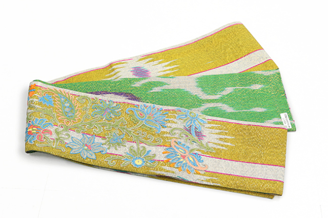 ウズベキスタン 半幅帯 絣 イカット HSO-17 黄×緑