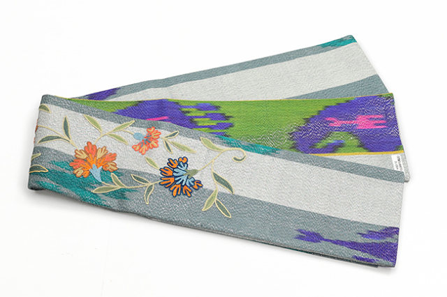 ウズベキスタン 半幅帯 絣 イカット HSO-10 灰×緑