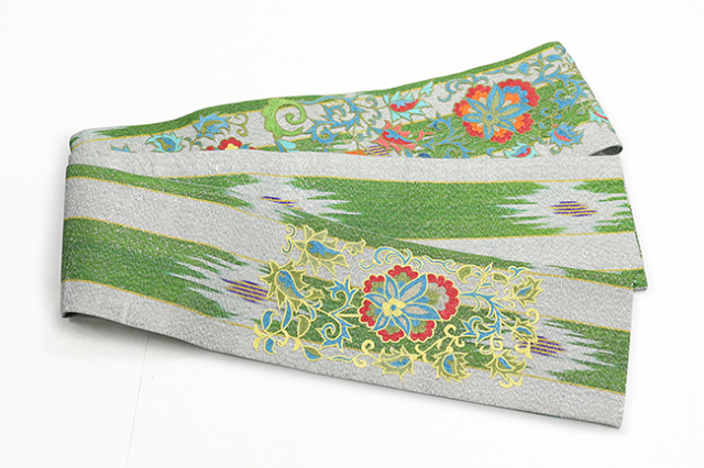 ウズベキスタン 半幅帯 絣 イカット HSO-12 灰×緑