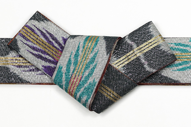 ウズベキスタン 角帯 絣 イカット KO-09 濃灰×赤茶