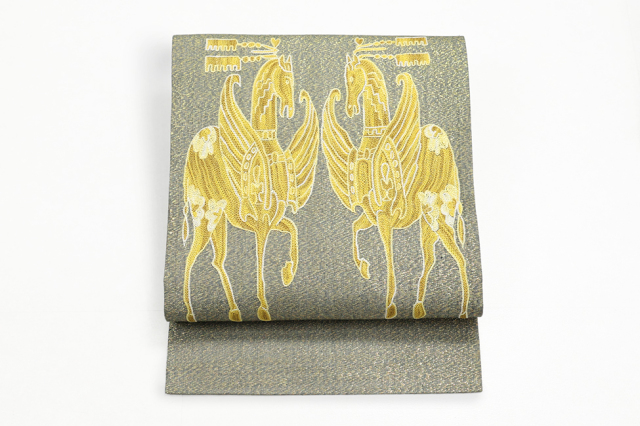 ウズベキスタン 九寸名古屋帯 正絹 お仕立て上がり品 スザニ刺繍 絣 イカット NSO-62 カーキ×黄色