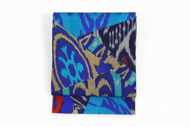 ウズベキスタン 九寸名古屋帯 正絹 お仕立て上がり品  絣 イカット ANO-47 青系