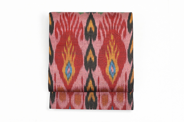 ウズベキスタン 九寸名古屋帯 正絹 お仕立て上がり品  絣 イカット ANO-09 赤系