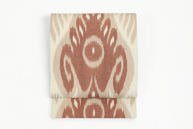 ウズベキスタン 九寸名古屋帯 正絹 お仕立て上がり品  絣 イカット ANO-28 ベージュ×茶