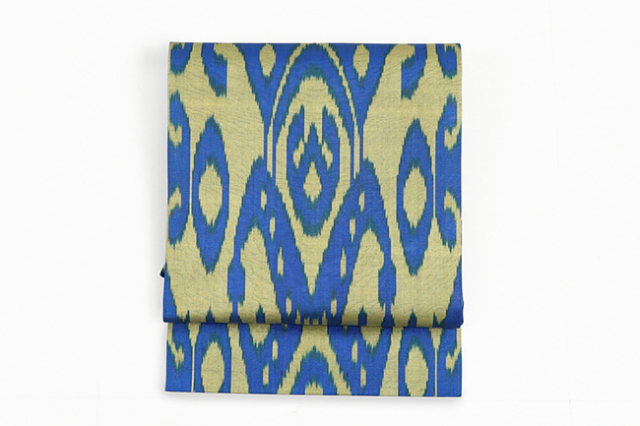 ウズベキスタン 九寸名古屋帯 正絹 お仕立て上がり品  絣 イカット ANO-07 青×黄緑