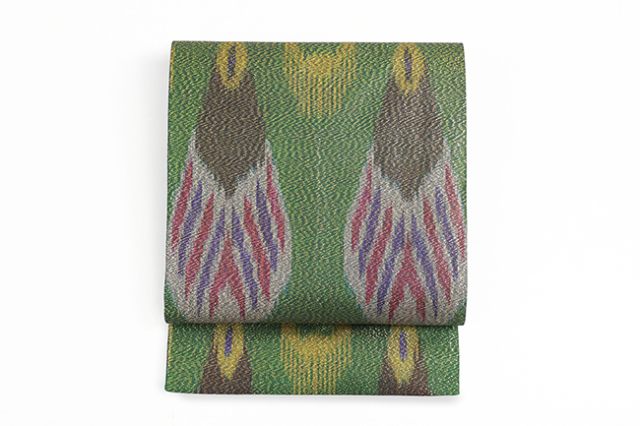 ウズベキスタン 九寸名古屋帯 正絹 お仕立て上がり品  絣 イカット RANO-19 緑