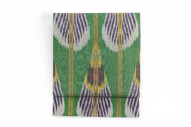 ウズベキスタン 九寸名古屋帯 正絹 お仕立て上がり品  絣 イカット RANO-14 緑×黄色