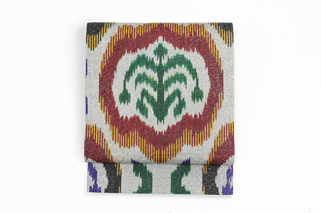 ウズベキスタン 九寸名古屋帯 正絹 お仕立て上がり品  絣 イカット RANO-09 灰色系