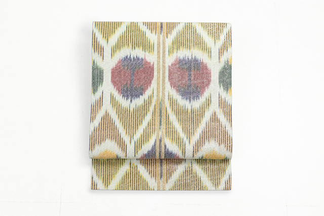 ウズベキスタン 九寸名古屋帯 正絹 お仕立て上がり品  絣 イカット RANO-07 黄色系