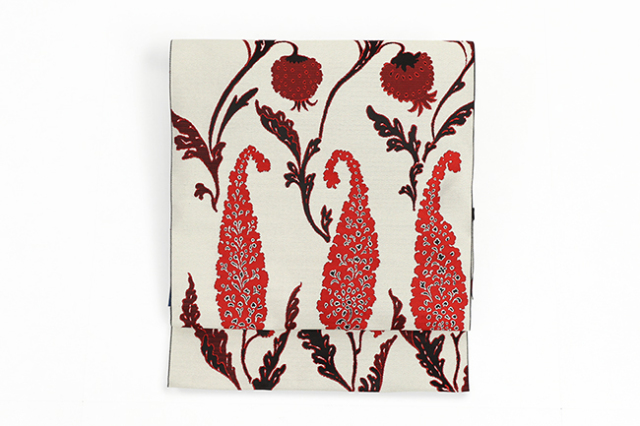 【価格はお問い合わせください】 西村織物 博多織 正絹 八寸名古屋帯 紋八寸 印花 生命の樹 アイボリー×赤