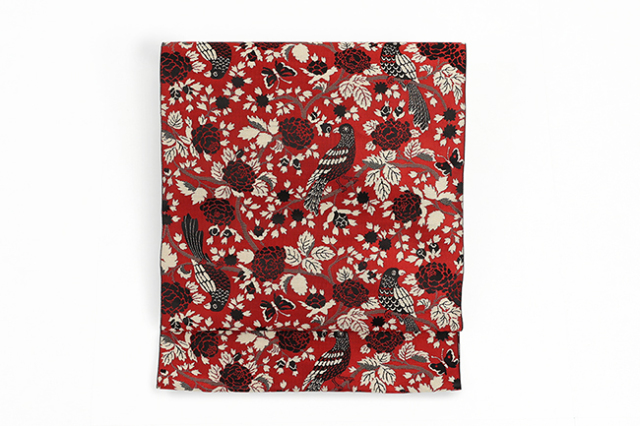 【価格はお問い合わせください】 西村織物 博多織 正絹 八寸名古屋帯 紋八寸 印花 野薔薇と鳥 えんじ