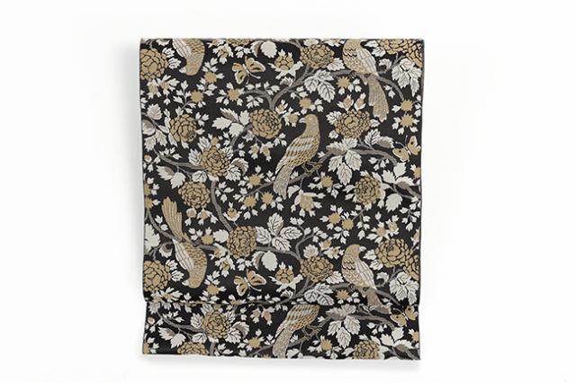 【価格はお問い合わせください】 西村織物 博多織 正絹 八寸名古屋帯 紋八寸 印花 野薔薇と鳥 黒