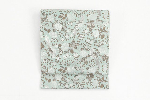 【価格はお問い合わせください】 西村織物 博多織 正絹 八寸名古屋帯 紋八寸 印花 野薔薇と鳥 薄青緑