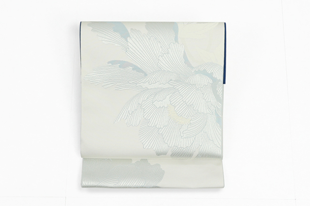 【価格はお問い合わせください】 西村織物 博多織 正絹 八寸名古屋帯 紋八寸  花むすび  百花王 アイボリー×水色