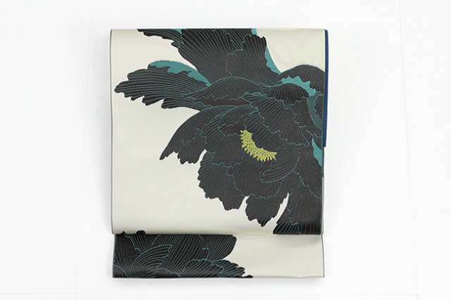 【価格はお問い合わせください】 西村織物 博多織 正絹 八寸名古屋帯 紋八寸  花むすび  百花王 アイボリー×黒