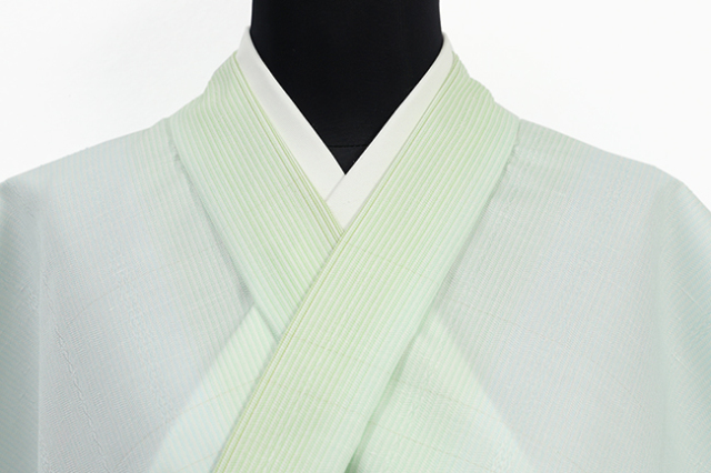 西村織物 正絹 お召し 広幅 献上柄 採光縞 薄緑×水色