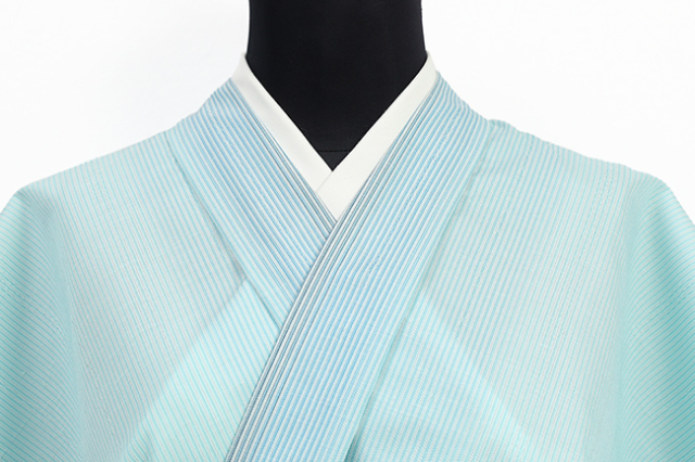 西村織物 正絹 お召し 広幅 献上柄 採光縞 水色×青