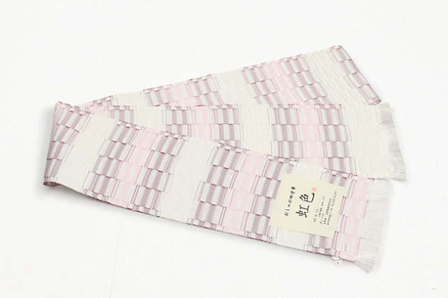 米沢織 近賢織物 半幅帯 虹色 ピンク